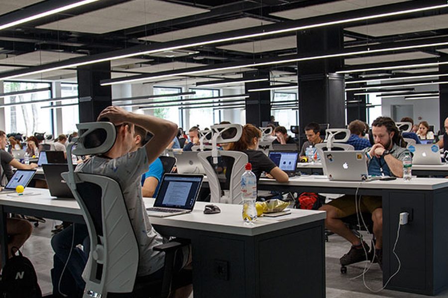A distributed team working together in an open office